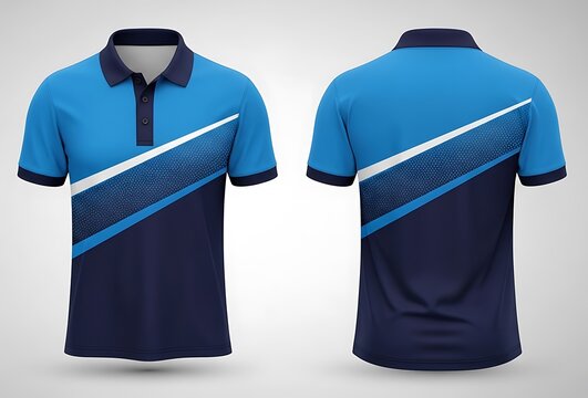 Front and back view of a blue and navy blue polo shirt with a white stripe and abstract pattern, isolated on white background