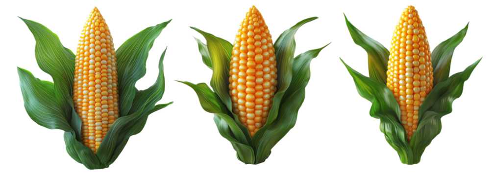 Corn cob with green leaves, isolated on white transparent background, concept of agriculture and healthy food.