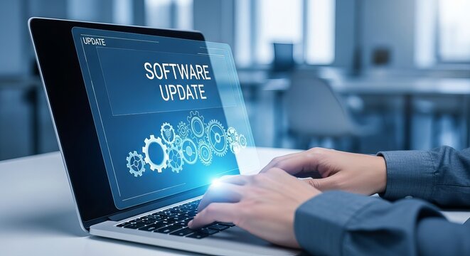 Person updating software on a laptop with glowing digital interface