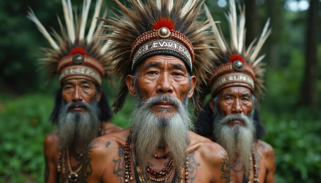 Elderly Dayak men with feathered headdresses stand together in a lush green forest. They wear traditional beaded necklaces and have facial tattoos, showing their rich cultural heritage from Borneo.