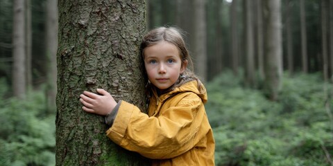 Young caucasian female child embracing tree in forest wearing yellow jacket