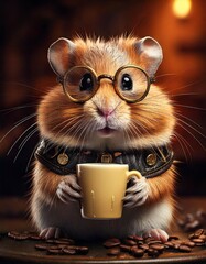 Cute Orange Hamster with Coffee Cup