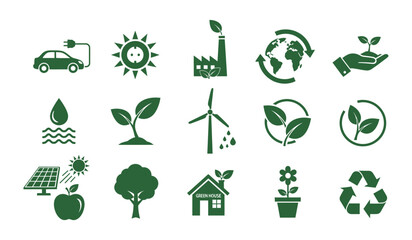 Collection of green ecofriendly icons representing sustainability, renewable energy, and environmental protection