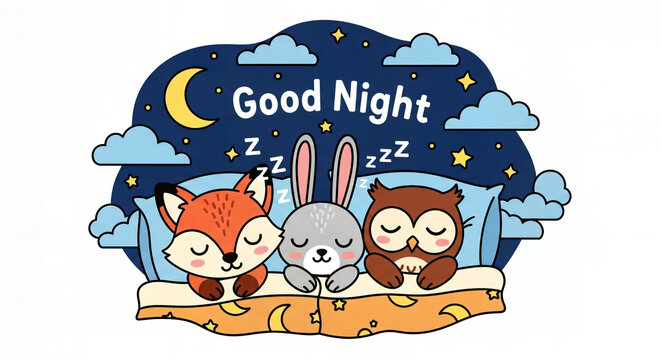 Cuddle up for a cozy night with adorable sleeping fox, bunny, and owl friends under moonlit sky, perfect for bedtime stories