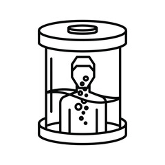 Human figure immersed in fluid within a cylindrical container, symbolizing bioengineering, cloning, or medical research processes