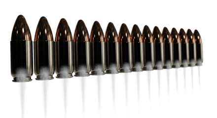 Row of bullets with smoke and white trails on a, isolated on a transparent background, cutout, PNG