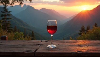 Naklejka premium Glass of red wine on wooden table. Mountain range in background at sunset. Glass on rustic wood with trees, hills. Red wine glass on table with natural scenery. Mountain view with glass of wine on