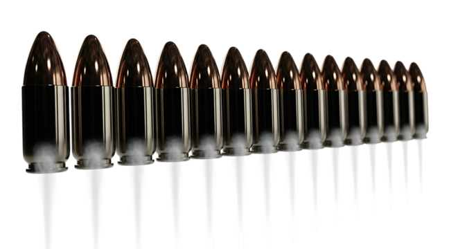 Row of bullets with smoke and white trails on a, isolated on a transparent background, cutout, PNG