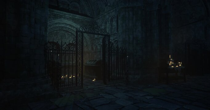 In a dimly lit ancient crypt, an intricate iron gate stands closed, surrounded by stone walls and flickering candles scattered throughout the area, creating an eerie atmosphere.