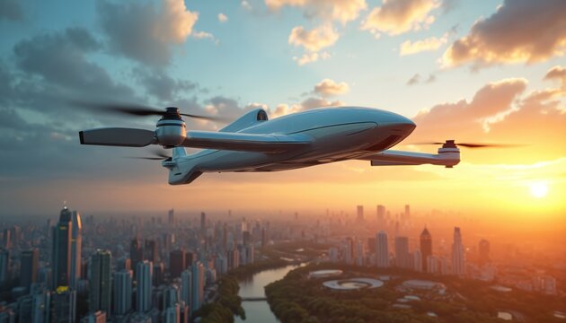 Fototapeta Drone air taxi flies over modern city skyline at sunset. Futuristic aircraft hovers above urban landscape with skyscrapers and green spaces. Advanced transportation tech in clear sky with clouds.