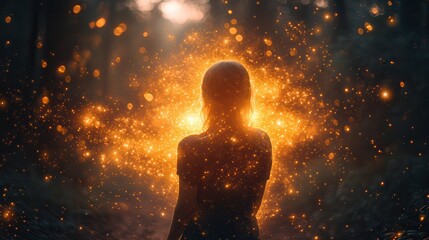 A young woman with long hair, seen from behind, surrounded by a glowing, magical aura in a forest setting.