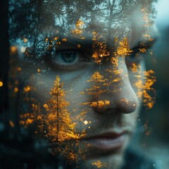 Close-up of a young male, Caucasian, with a forest overlay, evoking a sense of introspection and connection to nature.