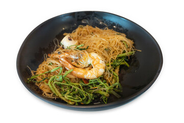 Top view of Stir Fried Rice Vermicelli with Water Mimosa and Shrimp, focus selective