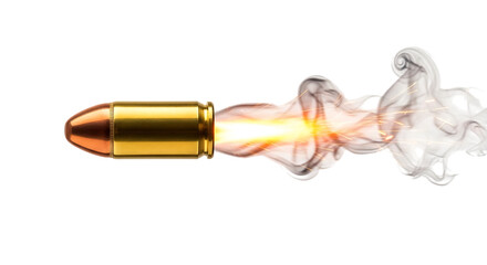Firing bullet with muzzle flash and smoke trail, isolated on a transparent background, cutout, PNG