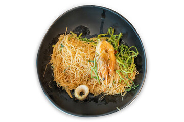 Top view of Stir Fried Rice Vermicelli with Water Mimosa and Shrimp, focus selective