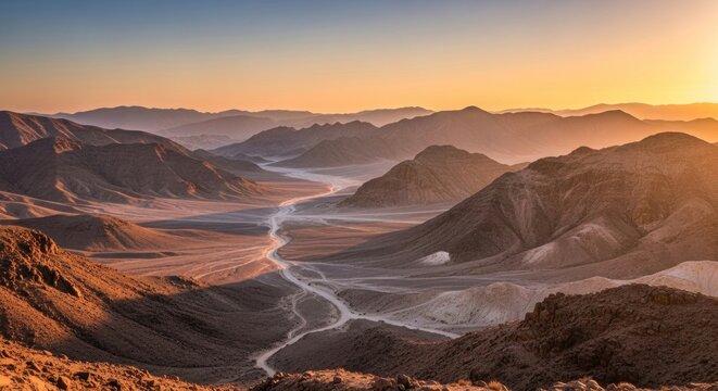 Desert valley with winding road and layered mountains at sunset