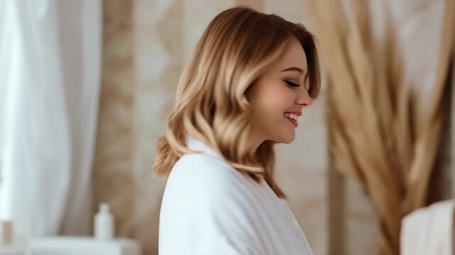 A joyful moment captures a woman radiating happiness while flipping her hair. The peaceful atmosphere enhances her natural beauty