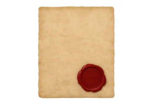 Parchment document with wax seal representing authenticity and tradition, isolated on transparent background