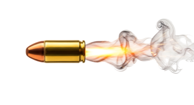 Firing bullet with muzzle flash and smoke trail, isolated on a transparent background, cutout, PNG