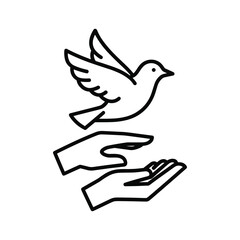 Outline illustration of hands gently releasing a flying dove, symbolizing peace, freedom, hope, protection, and care.