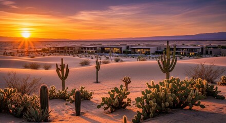 Fototapeta premium Desert resort at sunset with saguaro and prickly pear cacti