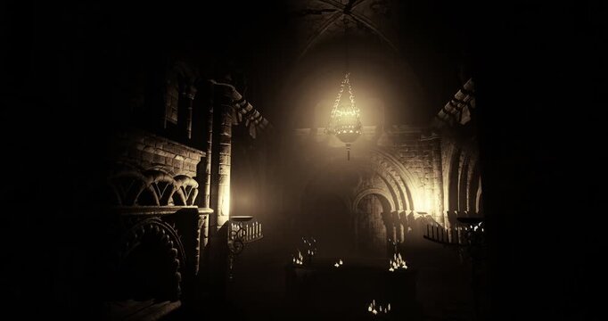 Soft light illuminates the intricate stonework of a historic hall, highlighting flickering candles and a grand chandelier, creating an eerie yet enchanting atmosphere at night.