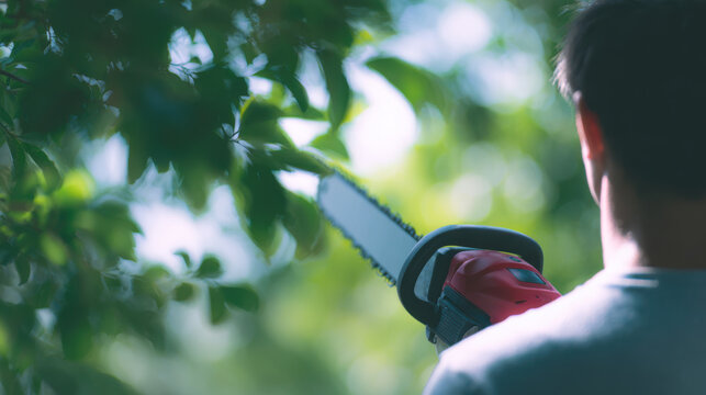 Man trimming tree branches with chainsaw in green garden on sunny day, focusing on tool and leaves - Powered by Adobe