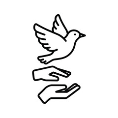 Minimalist line art illustration: a white dove taking flight from open hands, symbolizing peace, freedom, and hope