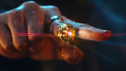 Futuristic technology represented through a cybernetic ring interface device on finger