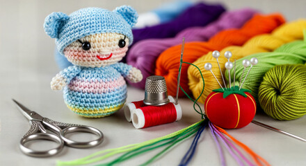 Adorable handmade crochet doll with colorful yarn and sewing accessories for craft lovers and creative projects inspiration