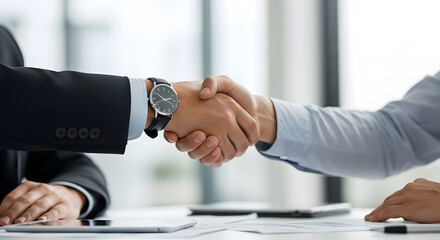 Two business professionals in suits shaking hands across a table symbolizing agreement and partnership