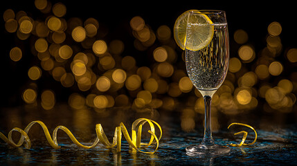 Champagne flute with sparkling drink and curled lemon zest, festive background with bokeh lights
