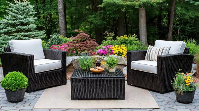 A beautiful outdoor area features comfortable seating surrounded by colorful plants, perfect for spending time with friends and family