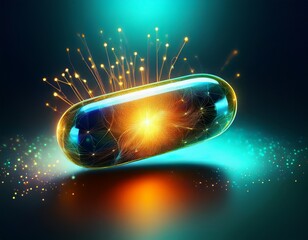 energy pill medication capsule with glowing core on dark background