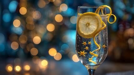 Champagne flute with sparkling drink and curled lemon zest, festive background with bokeh lights
