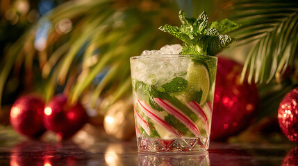 Festive Cuban mojito cocktail with fresh mint, lime, and crushed ice, surrounded by Christmas ornaments and tropical decor
