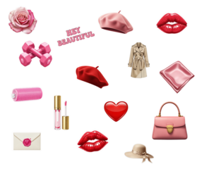 Pink aesthetic fashion and beauty sticker collection featuring berets lips purse rose heart makeup coat and accessories on transparent background for design and decoration use