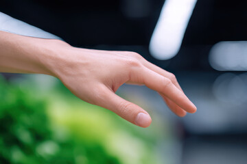 Side close up of shopper hand hesitating before picking fresh green vegetables in market with soft lighting