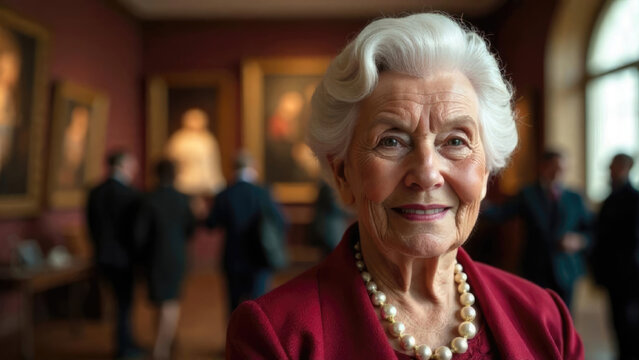 World Museum Day portrait of an elegant elderly European grandmother in evening dress, standing gracefully in an art gallery exhibition hall with classical paintings background