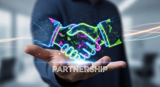 Digital handshake symbolizing partnership and global business connections