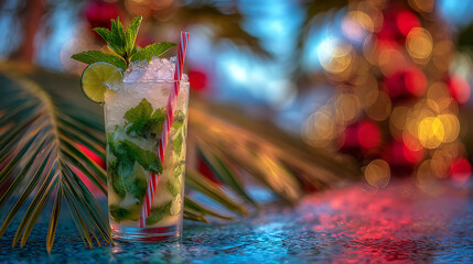 Festive Cuban mojito cocktail with fresh mint, lime, and crushed ice, surrounded by Christmas ornaments and tropical decor
