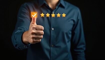 Person gives thumbs up with five star rating and check mark for excellent service. Positive feedback and high satisfaction with a product or experience.