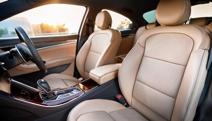 luxury beige leather car interior with comfortable back seats