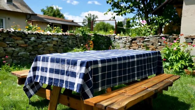Outdoor wooden picnic table with blue checkered tablecloth in sunny garden setting