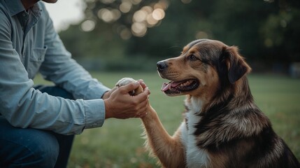 Man playing with his dog and holding a ball in the park  
