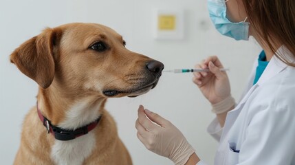 Veterinarian giving injection to golden retriever dog in clinic  