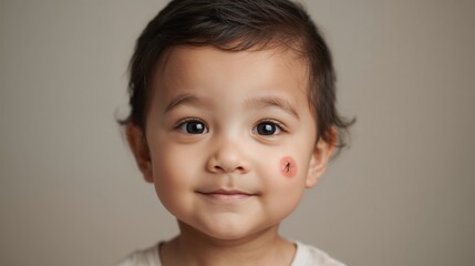 Young child smiling with a face sticker indoors against a neutral background  