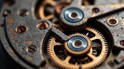 Detailed rusty watch mechanism with brass gear elements