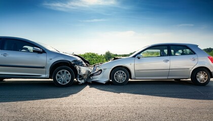 Fototapeta premium two damaged cars a silver hatchback rear ended a white car on a road visible in daytime