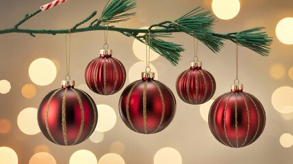 Christmas decoration. Red balls hanging on pine branches Christmas tree